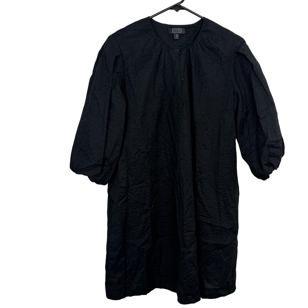 AYR Dress Womens Small Black Portofino Textured Balloon Sleeve Shift Pockets